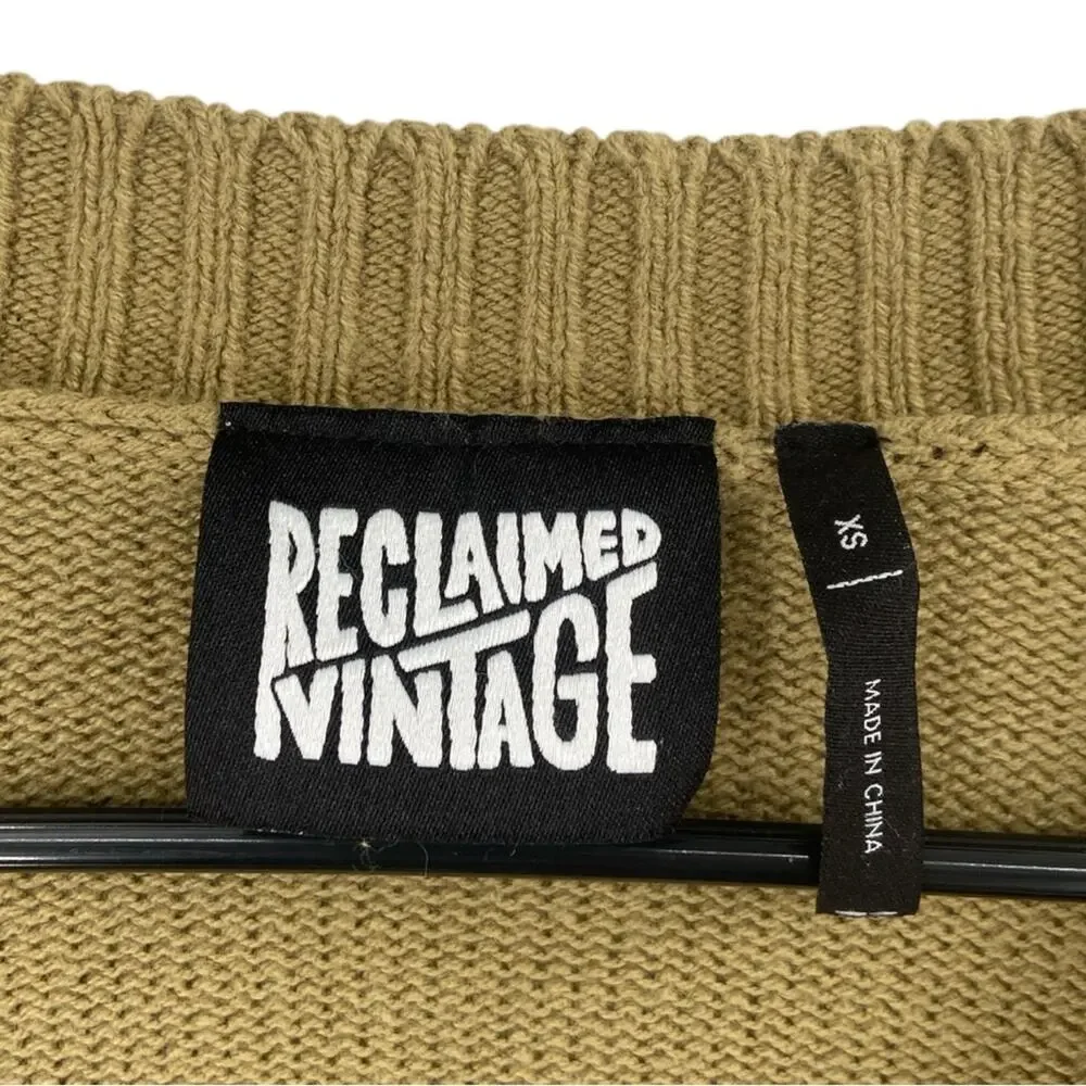 Reclaimed Vintage unisex cardigan distressing flower graphic in khaki green XS 2